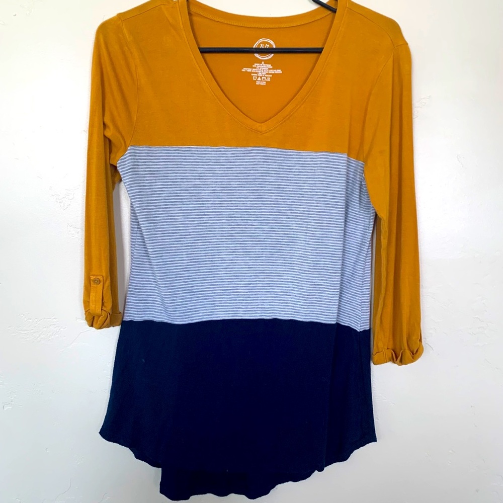 3/4 sleeve Mustard/ White/ Blue block shirt